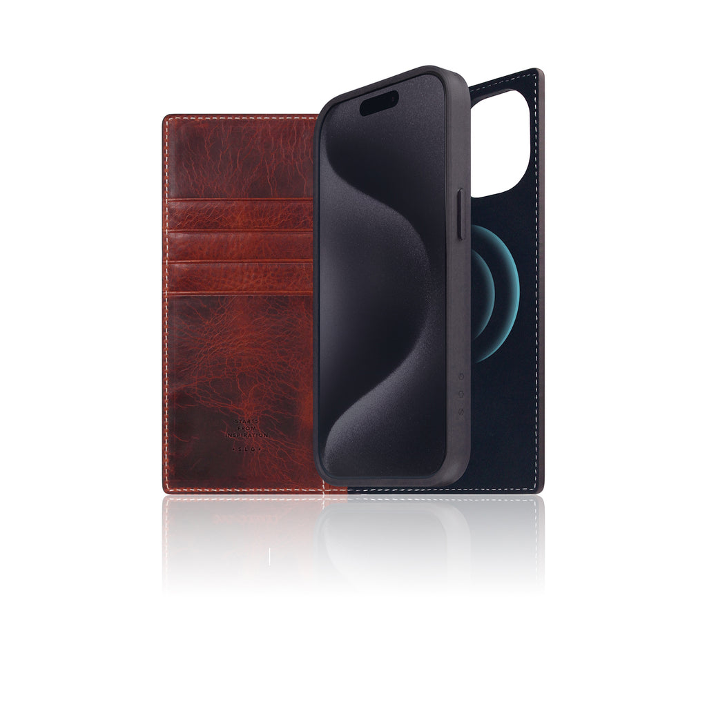 D7 [MagSafe Detachable] Italian Wax Leather Diary Case for iPhone 15 (Brown)