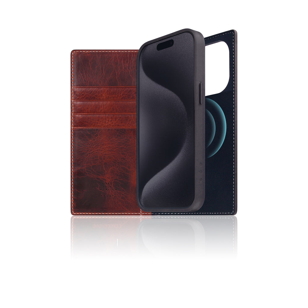 D7 [MagSafe Detachable] Italian Wax Leather Diary Case for iPhone 15 Pro (Brown)