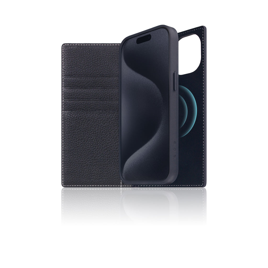 D8 [MagSafe Detachable] Full Grain Leather Diary Case for iPhone 16 (Black Blue)