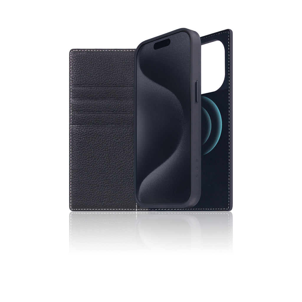 D8 [MagSafe Detachable] Full Grain Leather Diary Case for iPhone 16 Pro (Black Blue)