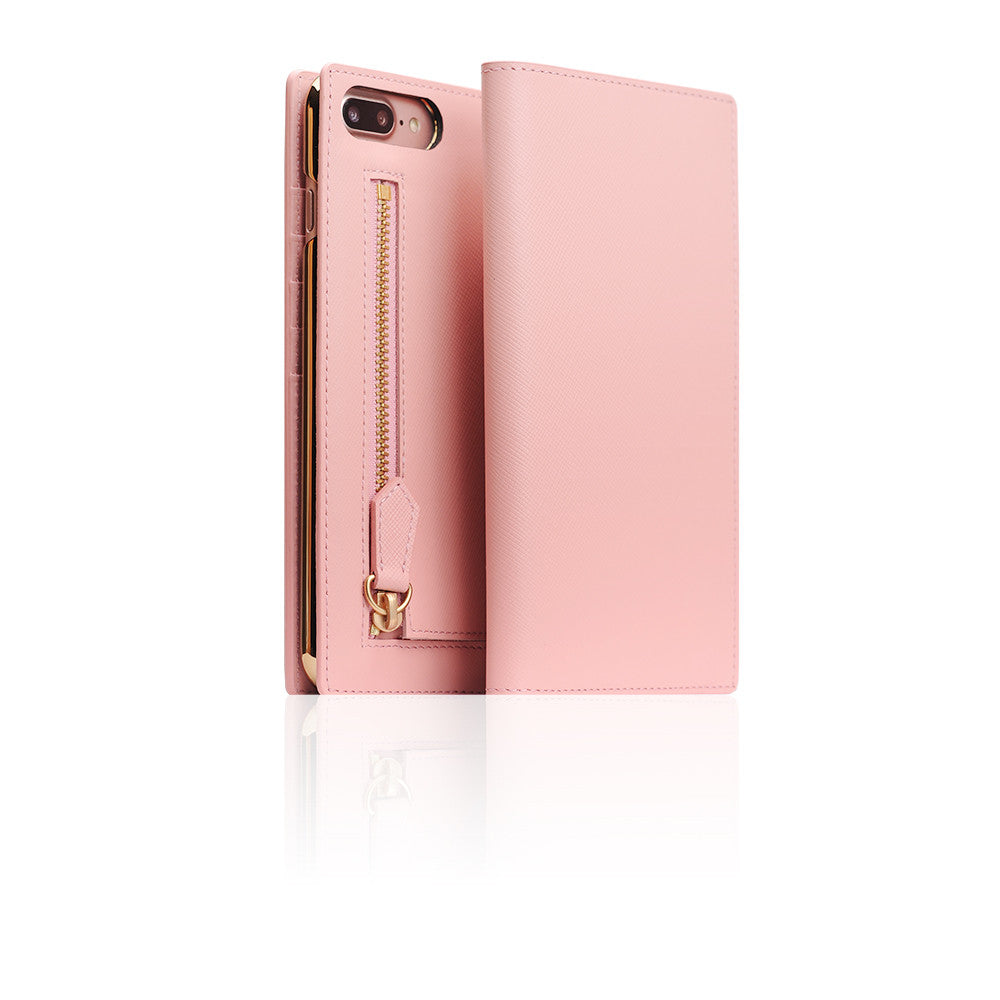 D5 Zipper Calf Skin Leather Diary Case for iPhone 8 Plus / 7 Plus (Baby Pink)
