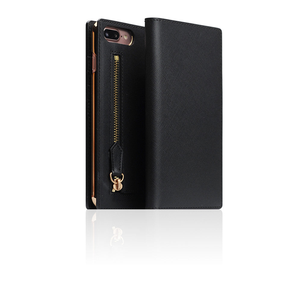 D5 Zipper Calf Skin Leather Diary Case for iPhone 8 Plus / 7 Plus (Black)