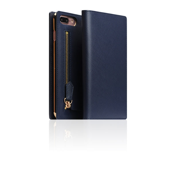 D5 Zipper Calf Skin Leather Diary Case for iPhone 8 Plus / 7 Plus (Navy)