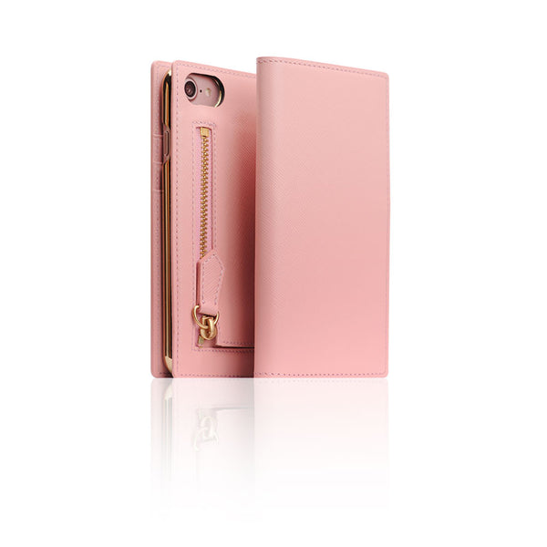D5 Zipper Calf Skin Leather Diary Case for iPhone 7/8/SE 2020 (Baby Pink)