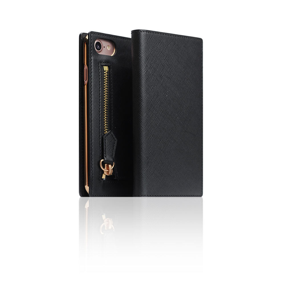 D5 Zipper Calf Skin Leather Diary Case for iPhone 7/8/SE 2020 (Black)