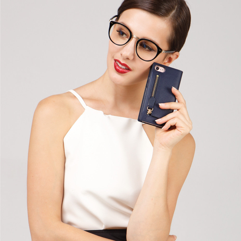 D5 Zipper Calf Skin Leather Diary Case for iPhone 8 Plus / 7 Plus (Navy)