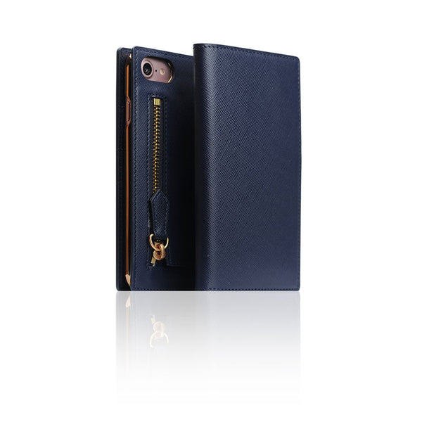 D5 Zipper Calf Skin Leather Diary Case for iPhone 7/8/SE 2020 (Navy)