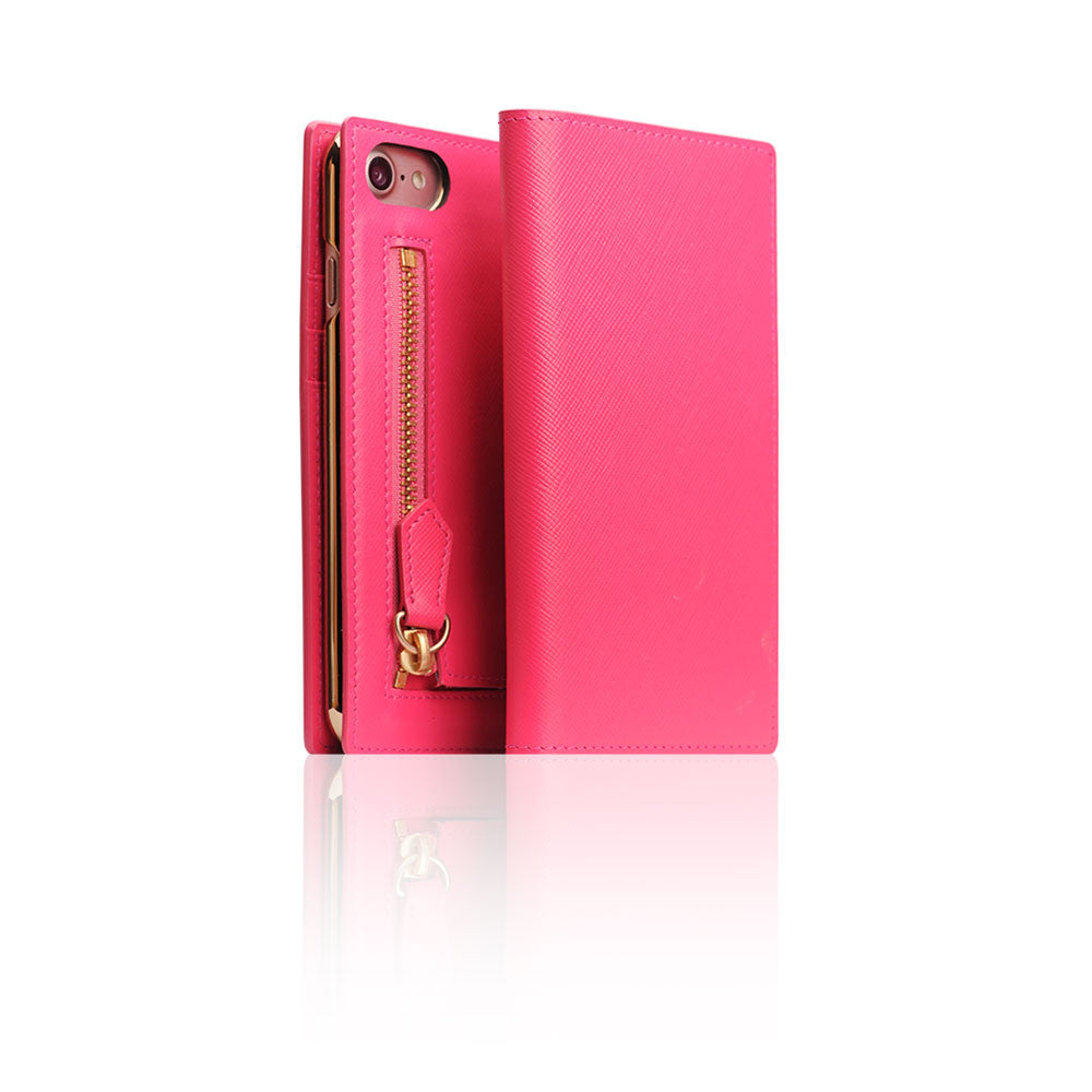 D5 Zipper Calf Skin Leather Diary Case for iPhone 7/8/SE 2020 (Pink)