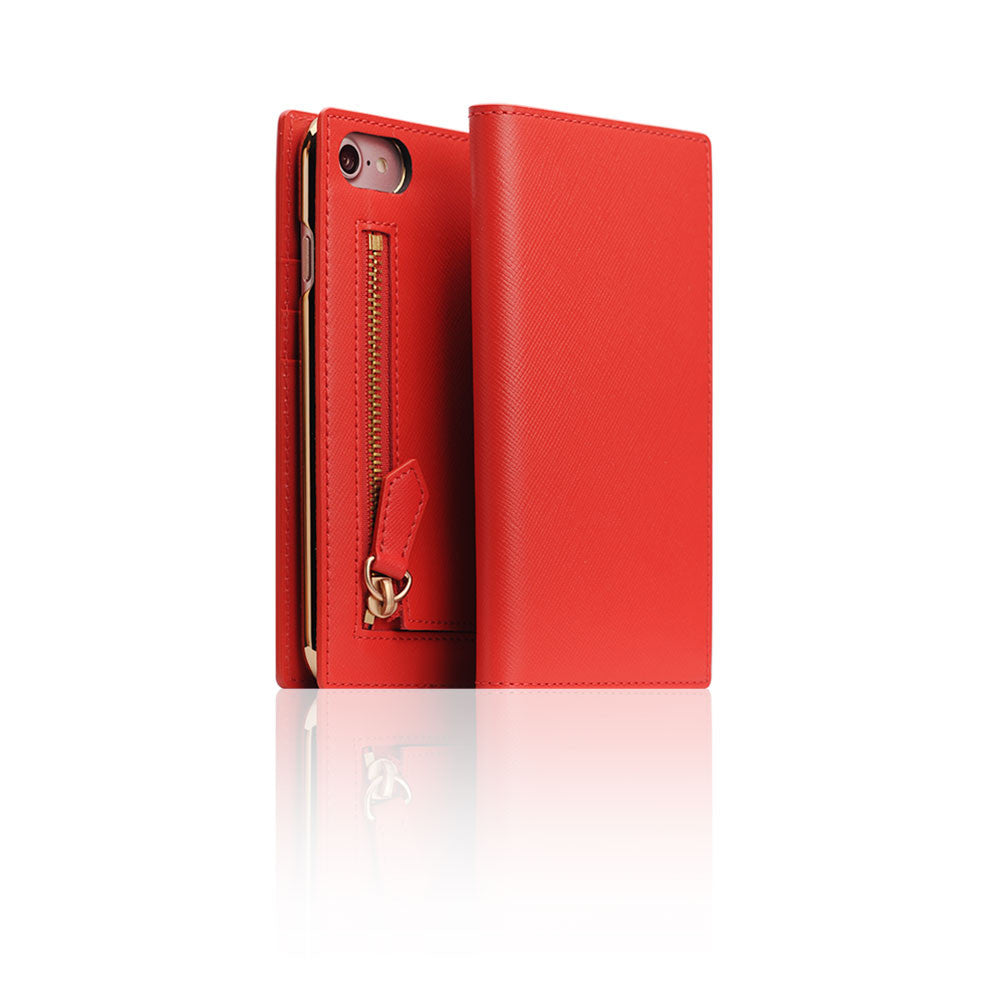 D5 Zipper Calf Skin Leather Diary Case for iPhone 7/8/SE 2020 (Red)