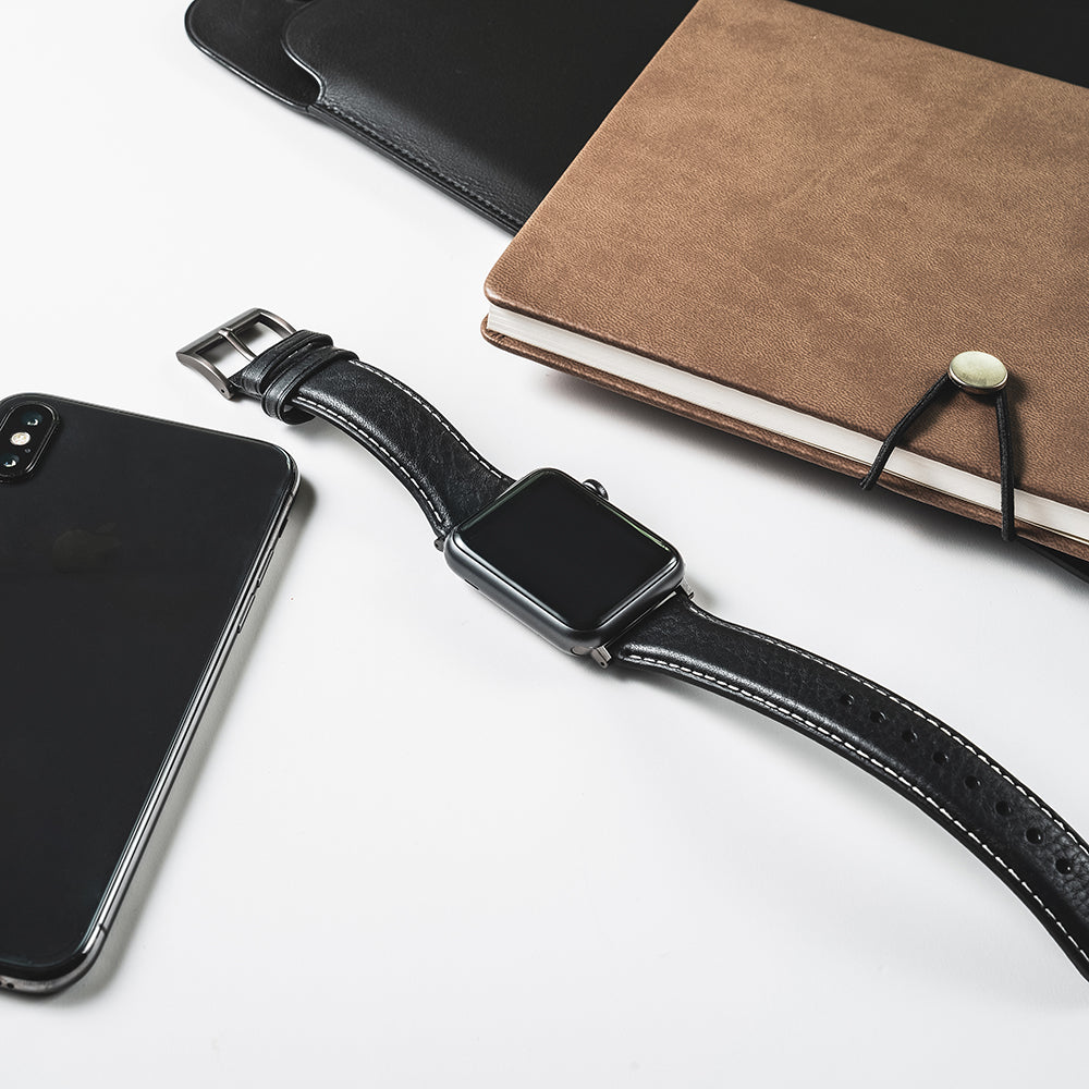 D6 Italian Minerva Box Leather Strap for Apple Watch SE, ULTRA 2, Series 1-9 42/44/45/49mm (Black)