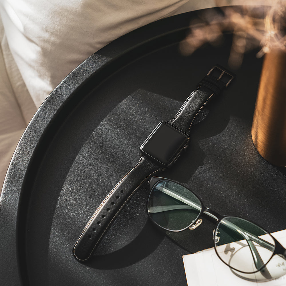 D6 Italian Minerva Box Leather Strap for Apple Watch SE, ULTRA 2, Series 1-9 42/44/45/49mm (Black)