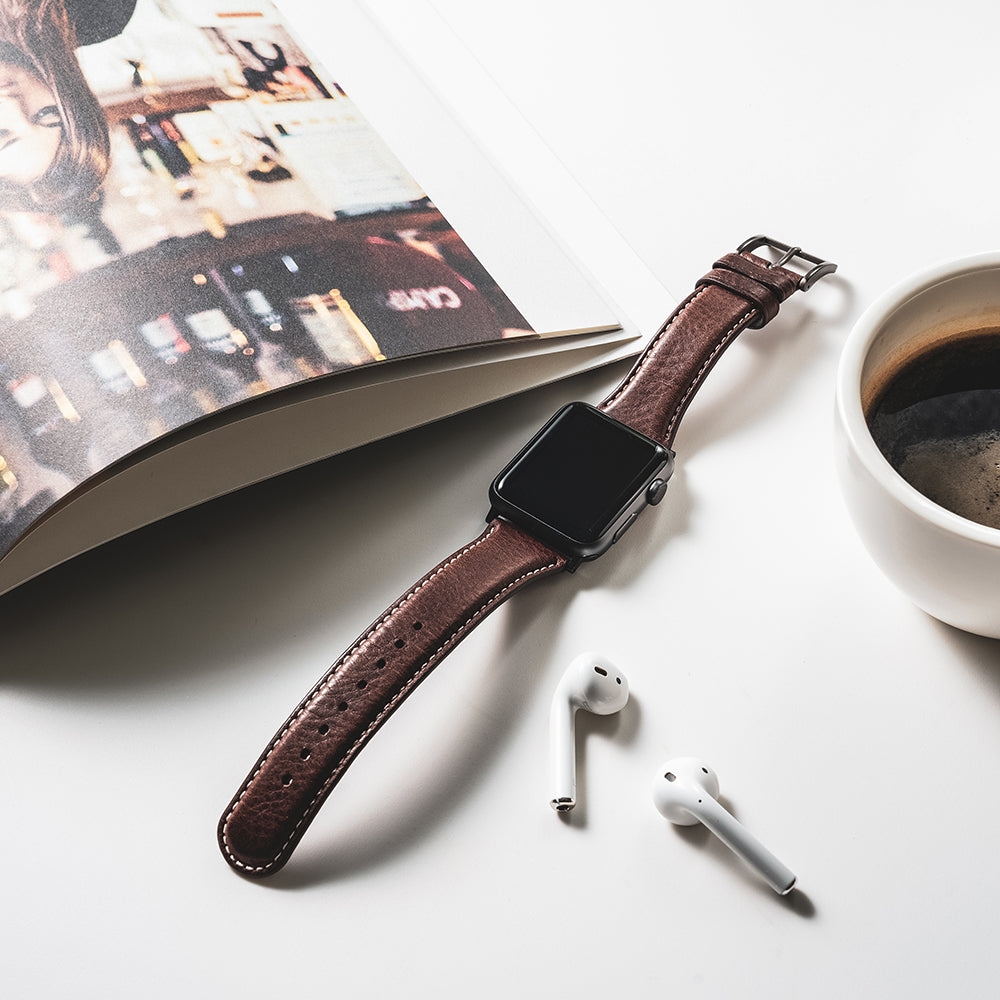 D6 Italian Minerva Box Leather Strap for Apple Watch SE, ULTRA 2, Series 1-9 42/44/45/49mm(Brown)