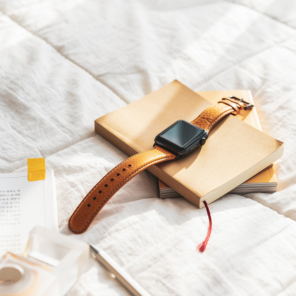 D6 Italian Minerva Box Leather Strap for Apple Watch SE, ULTRA 2, Series 1-9 42/44/45/49mm (Tan)