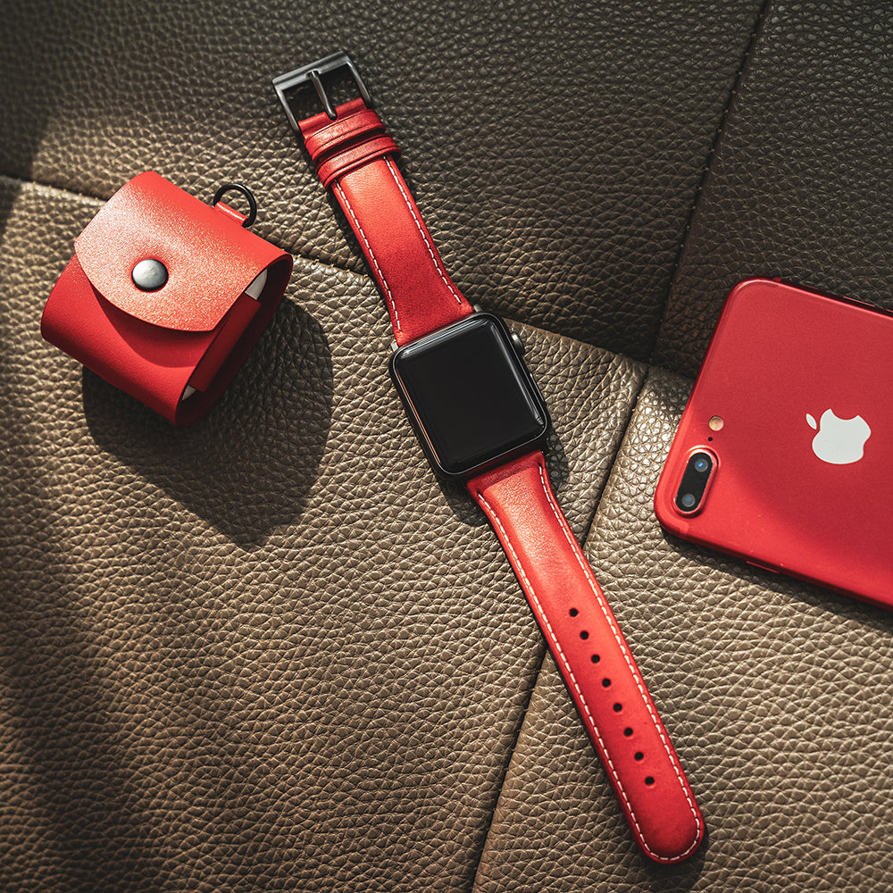 D6 Italian Minerva Box Leather Strap for Apple Watch SE, ULTRA 2, Series 1-9 42/44/45/49mm (Red)