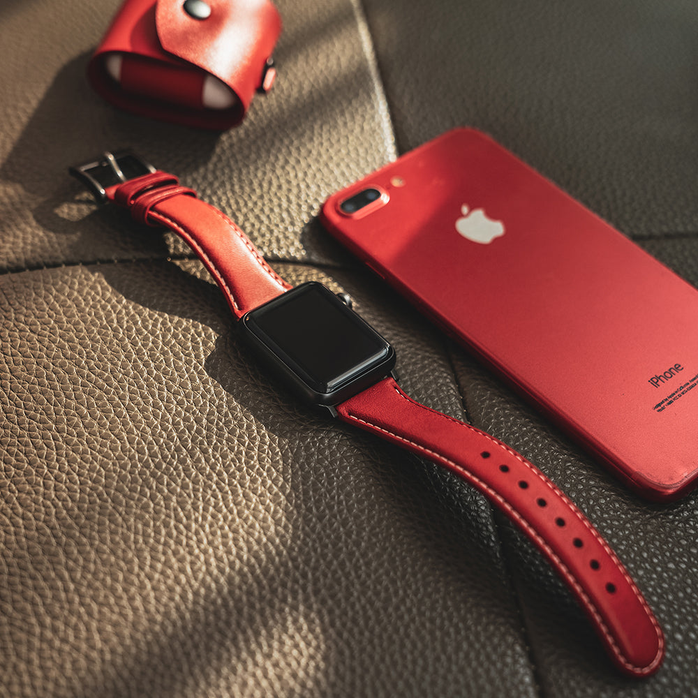 D6 Italian Minerva Box Leather Strap for Apple Watch SE, ULTRA 2, Series 1-9 42/44/45/49mm (Red)