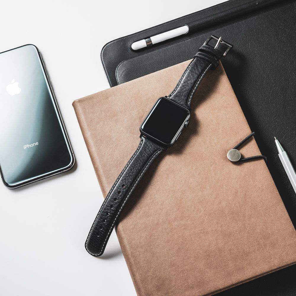 D6 Italian Minerva Box Leather Strap for Apple Watch SE, ULTRA 2, Series 1-9 42/44/45/49mm (Black)