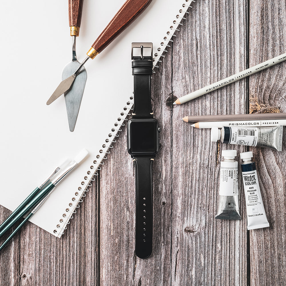 D7 Italian Buttero Leather Strap for Apple Watch SE / Series 1-9 38/40/41mm (Black)