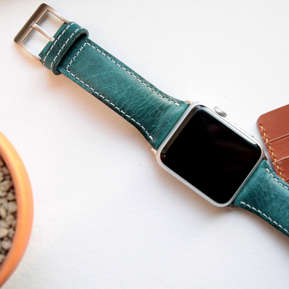 D7 Italian Wax Leather Strap for Apple Watch SE, ULTRA 2, Series 1-9 42/44/45/49mm (Blue)