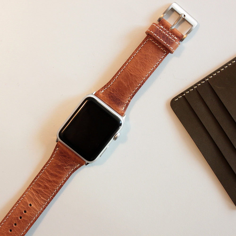 D7 Italian Wax Leather Strap for Apple Watch SE, ULTRA 2, Series 1-9 42/44/45/49mm (Brown)