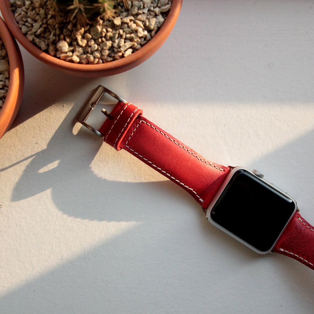 D7 Italian Wax Leather Strap for Apple Watch SE, ULTRA 2, Series 1-9 42/44/45/49mm (Red)
