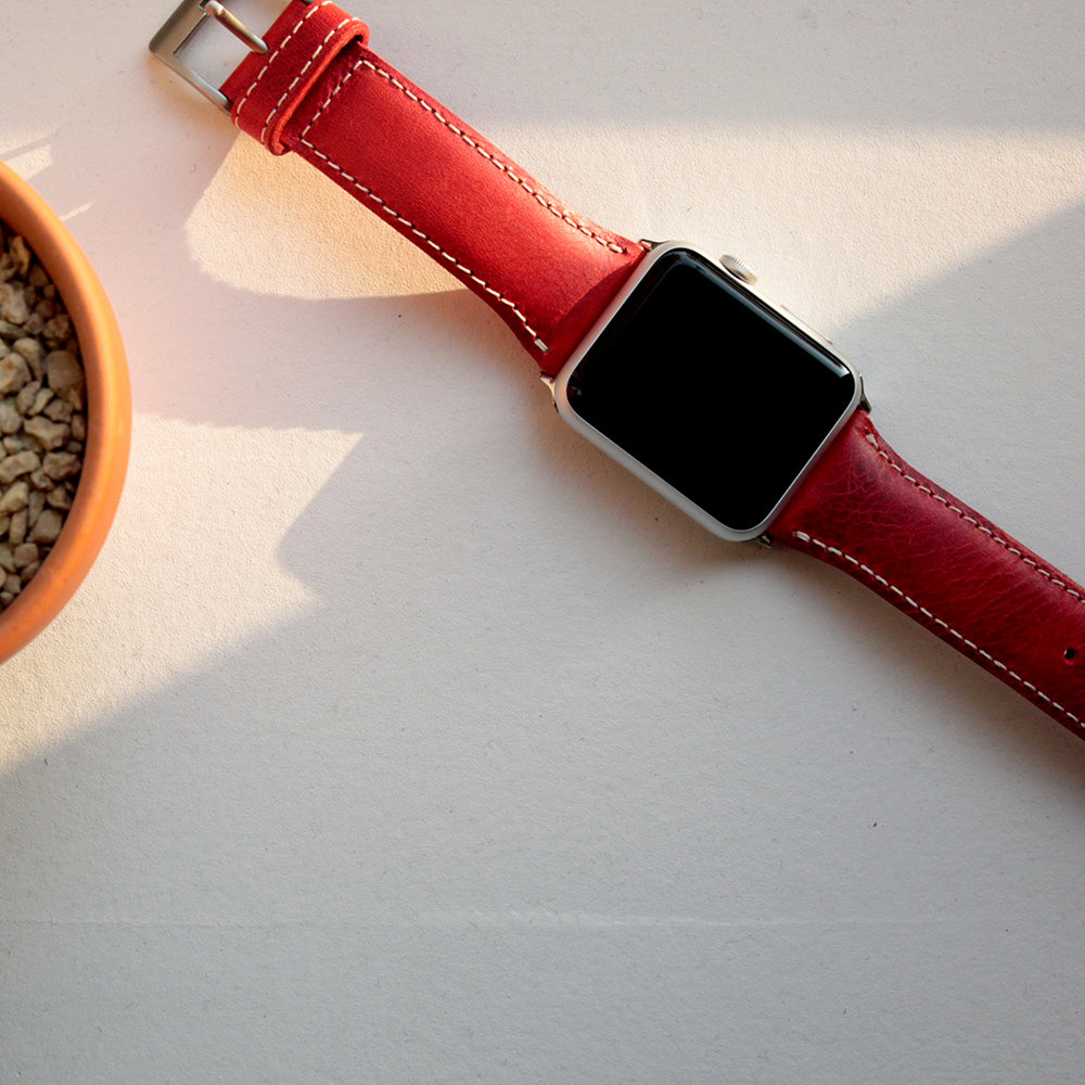 D7 Italian Wax Leather Strap for Apple Watch SE, ULTRA 2, Series 1-9 42/44/45/49mm (Red)