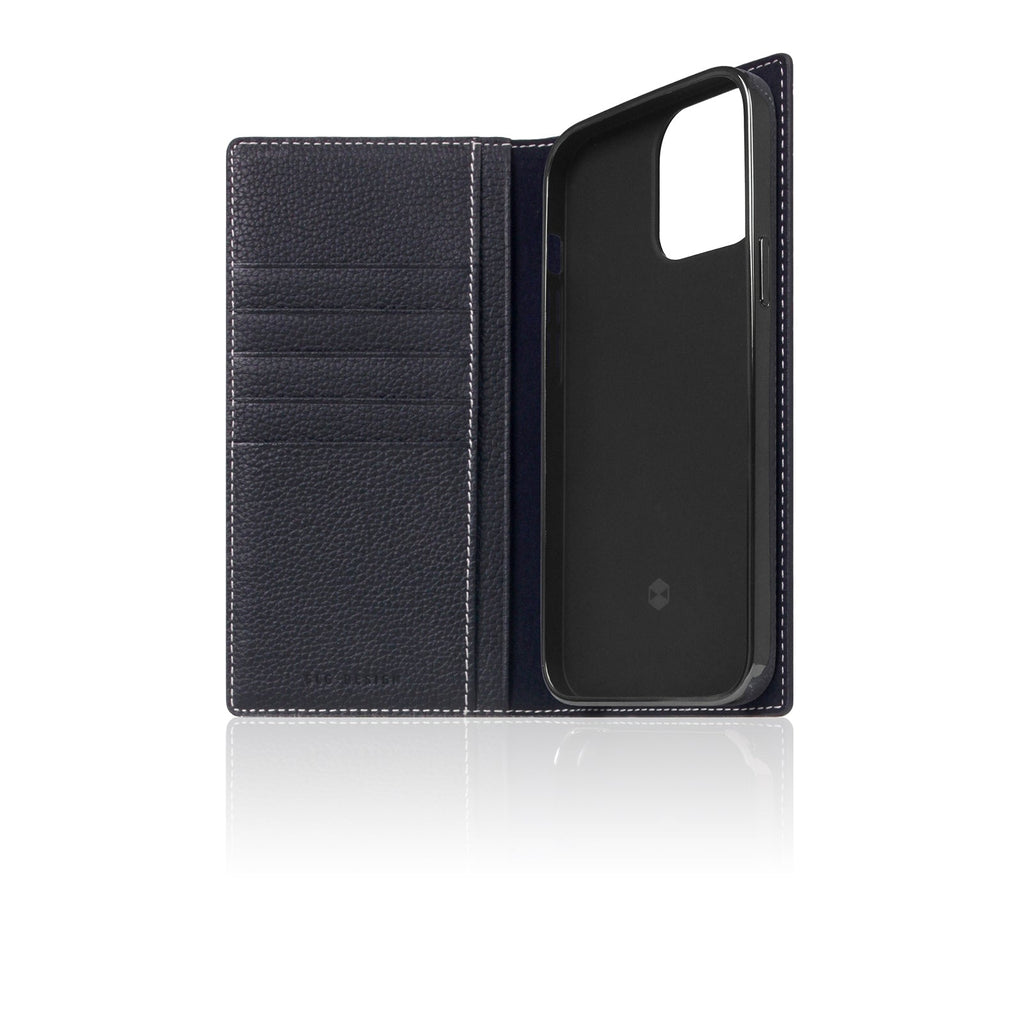 D8 Full Grain Leather Diary Case for iPhone 14 Pro Max (Black Blue)