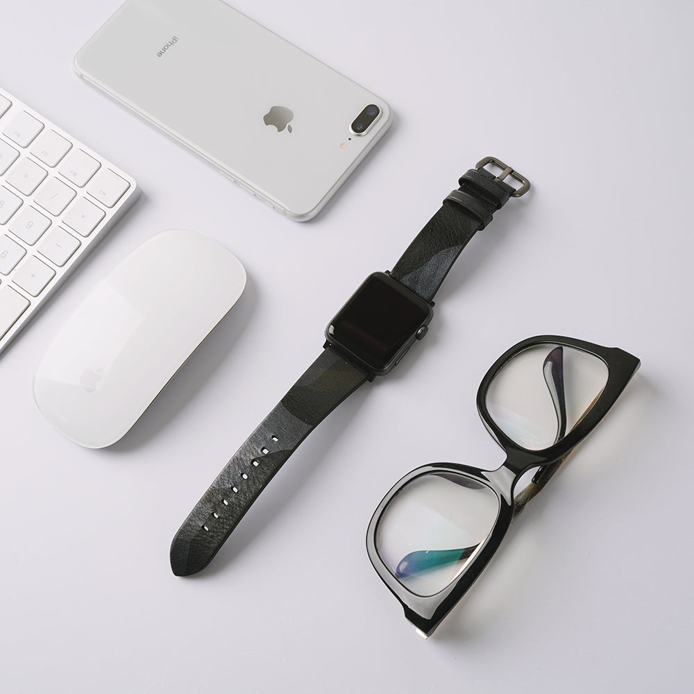 D9 Italian Camo Leather Strap for Apple Watch SE, ULTRA 2, Series 1-9 42/44/45/49mm (Black)