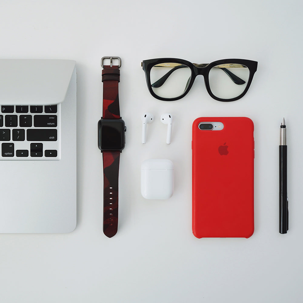 D9 Italian Camo Leather Strap for Apple Watch SE, ULTRA 2, Series 1-9 42/44/45/49mm (Red)