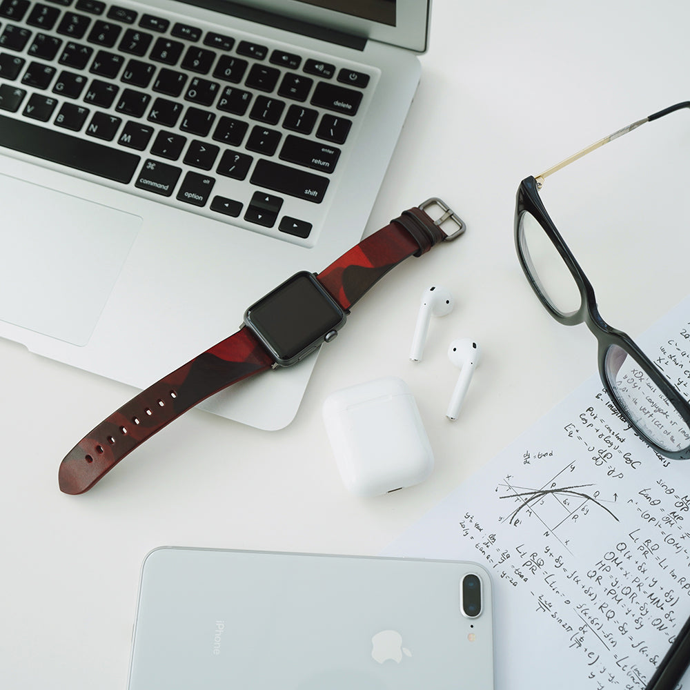 D9 Italian Camo Leather Strap for Apple Watch SE, ULTRA 2, Series 1-9 42/44/45/49mm (Red)