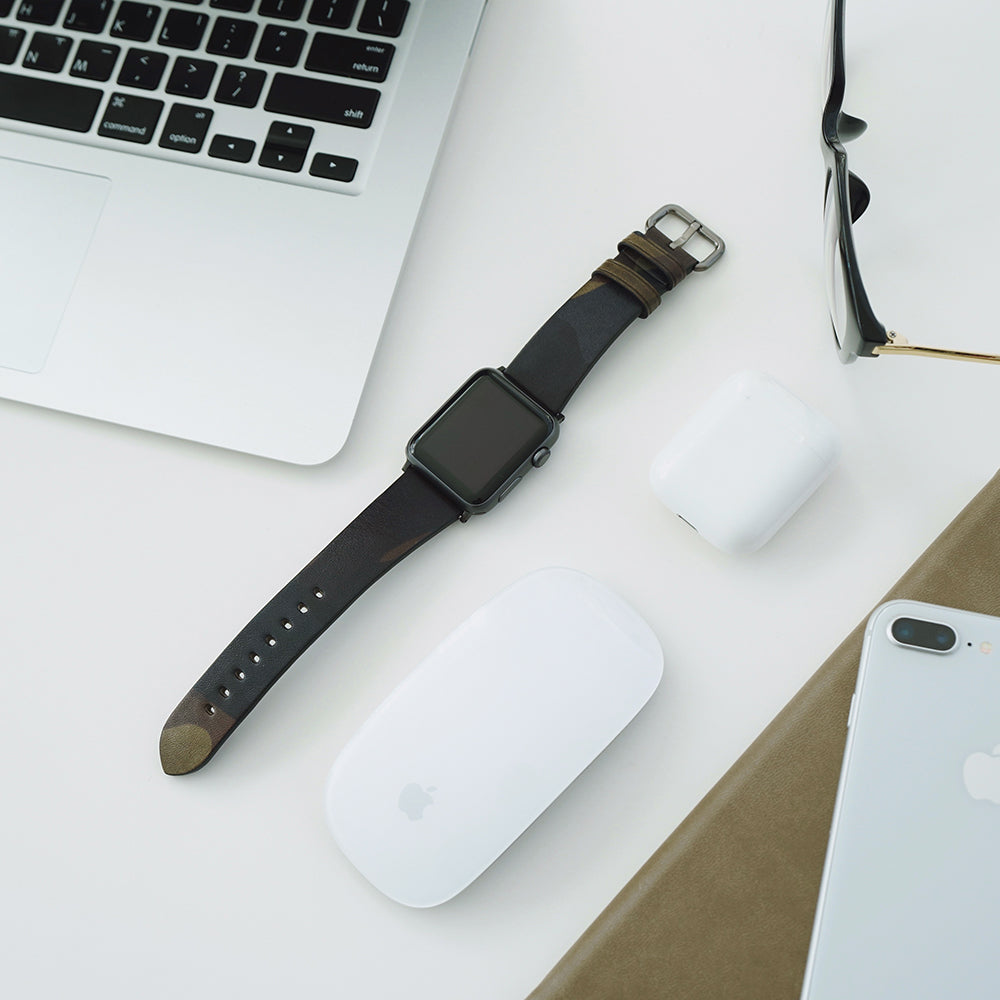 D9 Italian Camo Leather Strap for Apple Watch SE, ULTRA 2, Series 1-9 42/44/45/49mm (Khaki)