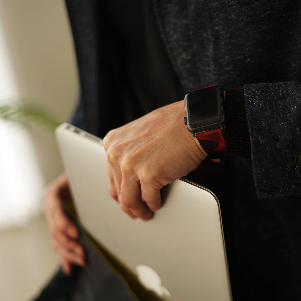 D9 Italian Camo Leather Strap for Apple Watch SE, ULTRA 2, Series 1-9 42/44/45/49mm (Red)