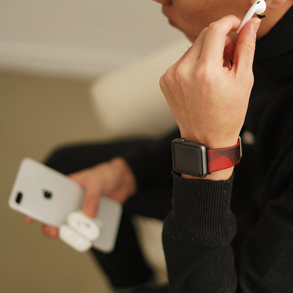 D9 Italian Camo Leather Strap for Apple Watch SE, ULTRA 2, Series 1-9 42/44/45/49mm (Red)