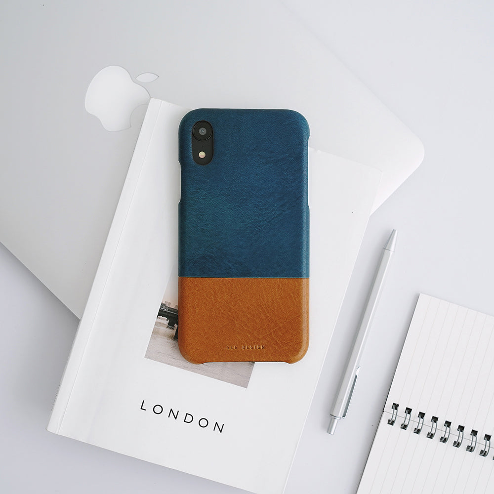 D+ Italian Temponata Leather Back Case for iPhone X / XS Blue Tan